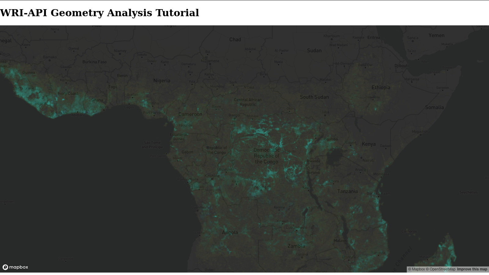 Image of basic webpage, with a title, a large map zoomed to central Africa, and a green and black map depicting tree cover loss